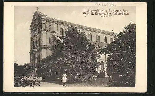 AK Wien-Kaisermühlen, Jubiläumskirche z. h. Herzen Jesu am Schüttauplatz