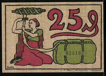 Notgeld Blumenthal 1921, 25 Pfennig, Arbeiter auf Schiffswerft, Mädchen mit Spindel
