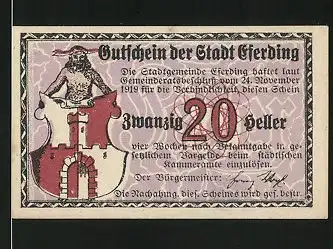 Notgeld Eferding 1920, 20 Heller, Stadtwappen, Kirchenmotiv