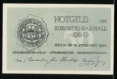 Notgeld Bad Hall in Ober-Österreich 1920, 50 Heller, Stadtwappen, Ortsansicht