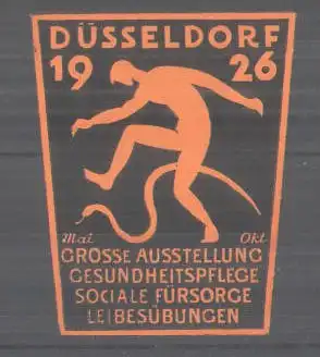 Präge-Reklamemarke Düsseldorf, Grosse Ausstellung für Gesundheitspflege und Leibesübungen 1926, Messelogo, orange