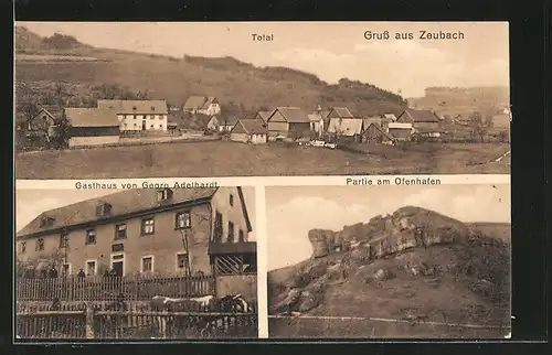 AK Zeubach, Gasthaus v. Georg Adelhardt, Partie am Ofenhafen, Totale