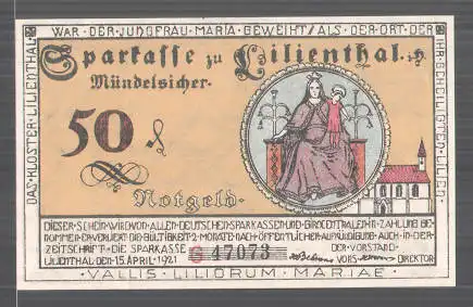 Notgeld Lilienthal 1921, 50 Pfennig, Heiligenbild, Segelschiff und Bauern auf dem Feld