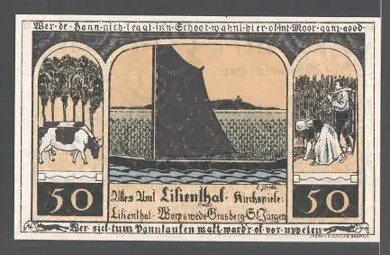 Notgeld Lilienthal 1921, 50 Pfennig, Heiligenbild, Segelschiff und Bauern auf dem Feld