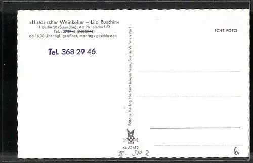 AK Berlin-Spandau, Historischer Weinkeller, Alt Pichelsdorf 32, \"Die Feuerzangenbowle\", Lilo Ruschin