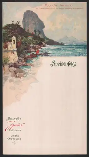 Künstler-Menukarten-AK Hans Bohrdt: Hauswaldt\'s Igeha Kakao & Schokolade, Magdeburg, Rio de Janeiro, der Zuckerhutfelsen