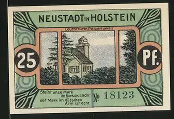 Notgeld Neustadt in Holstein 1921, 25 Pfennig, Leuchtturm Pelzerhaken, Schleswig-Holstein wird verspeist