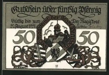 Notgeld Delitzsch 1921, 50 Pfennig, Schloss und Stadtwappen, Mädchen bläst ins Horn