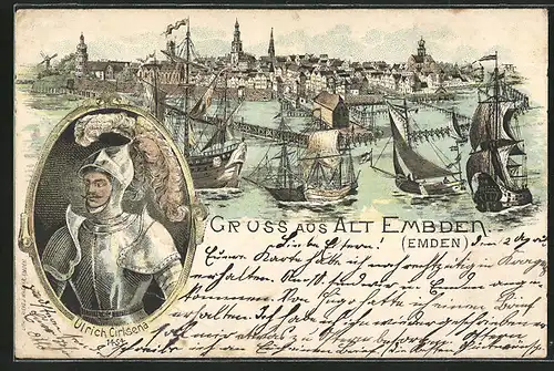 Lithographie Emden, Panorama mit Segelschiffe aus der Vogelschau, Ulrich Cirksena