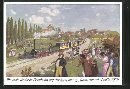 AK Berlin, Deutschland Ausstellung 1936, die erste deutsche Eisenbahn, Adler Lokomotive