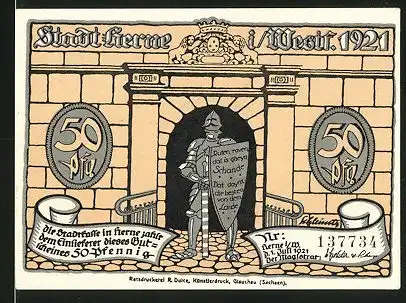 Notgeld Herne in Westfalen 1921, 50 Pfennig, Ritter vor dem Stadttore, Heerführer fordert die Übergabe der Stadt