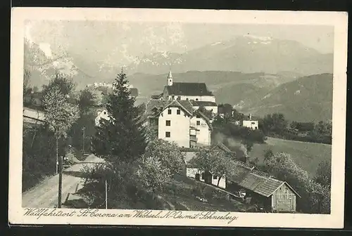 AK St. Corona, Blick auf den Wallfahrtsort mit Schneeberg