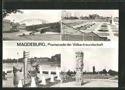 AK Magdeburg, Promenade der Völkerfreundschaft, Fischbrunnen, Stele & Wasserspiele