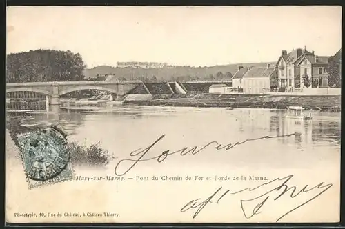 AK Mary-sur-Marne, Pont du Chemin de Fer et Bords de la Marne