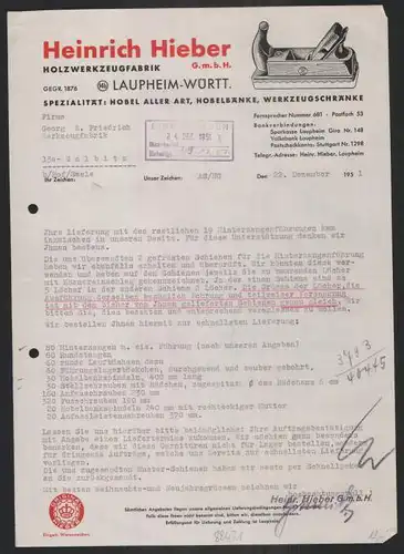 Briefkopf Laupheim 1951, Holzwerkzeugfabrik Heinrich Hieber Gmbh, Doppelhobel
