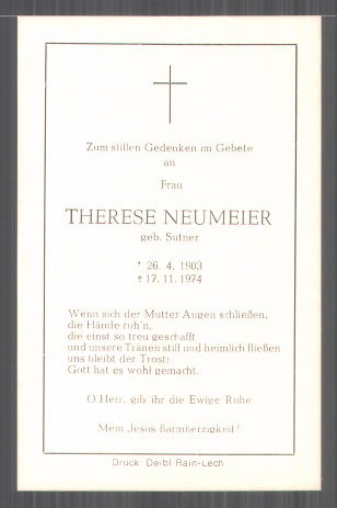 Sterbebild Therese Neumeier Geb Sutner Geboren 1903 Gestorben