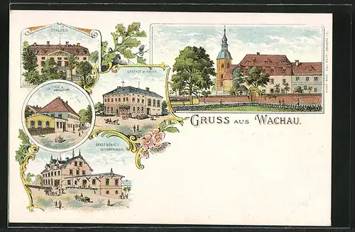 Lithographie Wachau, Ernst König\'s Geschäfthaus, Gasthof zum Anker, Gasthof zum Erbgericht