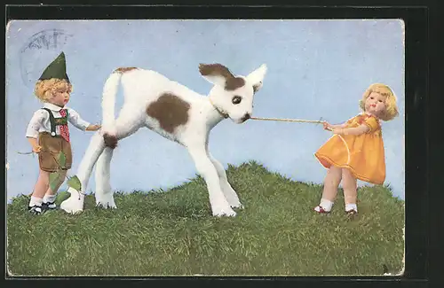 AK Mädchen und Hund ziehen an einem Seil, Puppen, Mutzipuppen und Mutzitiere