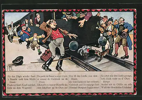 Künstler-AK Hans Boettcher: schwäbische Eisenbahn, Fahrgäste lachen Bauern aus der seine Ziege am Zug festgebunden hat