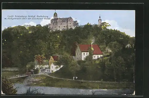 AK Rochsburg, Gräfl.Schönburg Schloss Rochsburg m.Hängebrücke über der Zwickauer Mulde