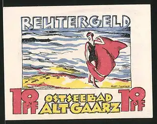 Notgeld Ostseebad Alt Gaarz 1922, 10 Pfennig, Badegast am Strand, Bäuerin und Fischerboote