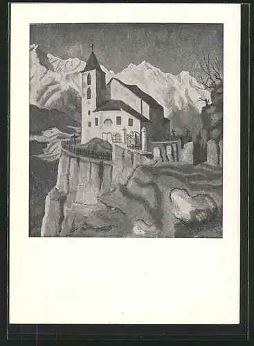 Künstler-AK sign.Erich Stegmann: Bergkapelle mit schneebedeckten Bergen
