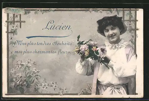 AK Namenstag "Lucien", junges Mädchen mit einem Blumenstrauss