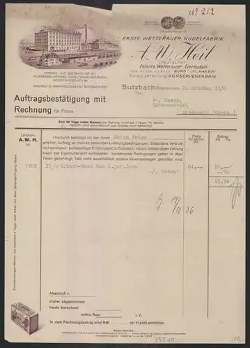 Rechnung Butzbach 1936, Erste Wetterauer Nudelfabrik, A.W. Heil, Bahnhof und Fabrikgebäude