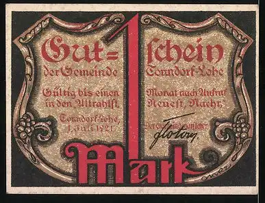Notgeld Tonndorf-Lohe 1921, 1 Mark, Justitia hält Waage & Schwert