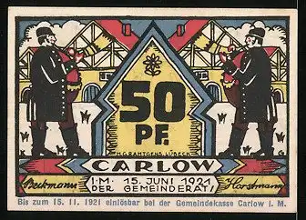 Notgeld Carlow 1921, 50 Pfennig, Stadtwappen, Männer blasen das Horn