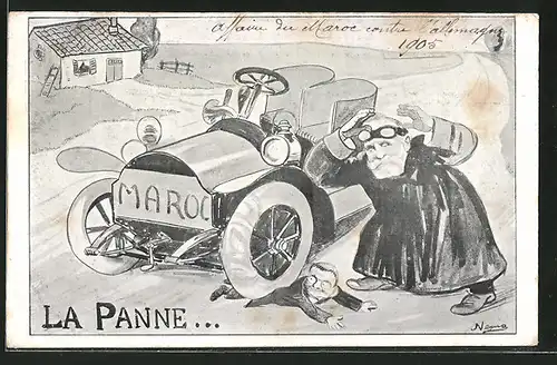 Künstler-AK La Panne..., Karikatur Emil Loubet Präsident von Frankreich überfährt einen Mann, Auto Maroc