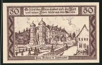 Notgeld Neuhaus an der Elbe 1921, 50 Pfennig, Burg Neuhaus im 14. Jahrhundert