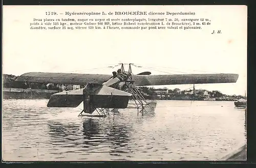 AK Hydroaeroplane de Brouckere, französisches Wasserflugzeug kurz vor dem Start