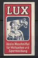 Reklamemarke "Lux"-Waschmittel, "Für Wollsachen und Sportkleidung!", Frau mit Waschzuber