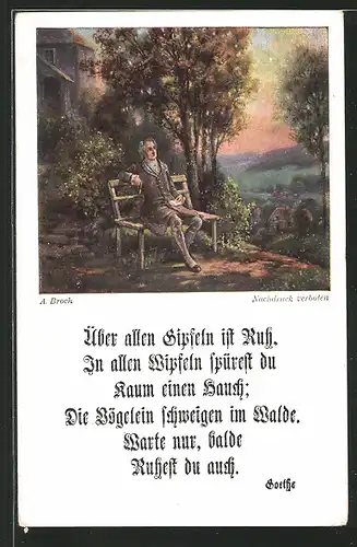 AK Goethe auf einer Bank sitzend bei Sonnenuntergang und Gedicht