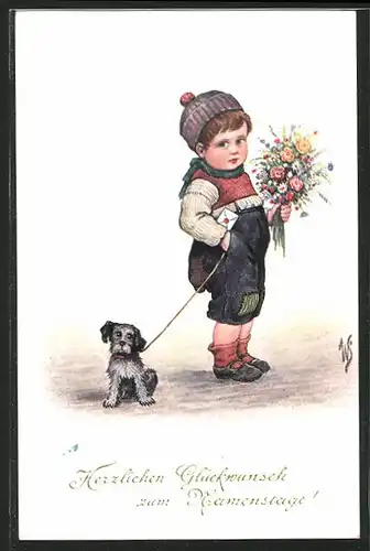 Künstler-AK Willi Scheuermann: Kleiner Junge mit Hund an der Leine und Blumenstrauss in der Hand
