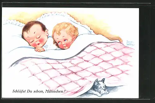 Künstler-AK John Wills: Zwei kleine Kinder liegen zusammen mit einem Hund in einem Bett