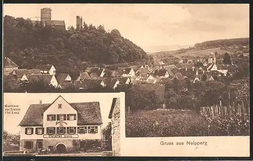 AK Neipperg, Gasthaus zur Traube von Chr. Lang, Totalansicht mit Burg