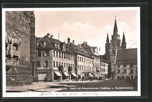 AK Ansbach, Markt mit Kriegerdenkmal, Stadthaus & Gumbertuskirche