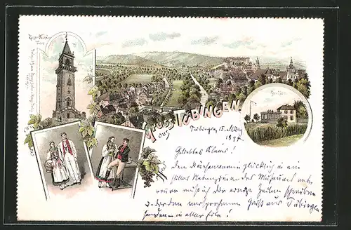 Lithographie Tübingen, Sennhütte, Kaiser Wilhelm-Turm, Panorama, Pärchen in Tracht