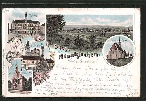 Lithographie Neunkirchen, Peters-Kirche, Rathaus, Pfarrkirche Dreifaltigkeit, Evang. Kirche