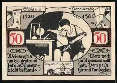 Notgeld Weissenfels an der Saale 1921, 50 Pfennig, Stadtwappen, Schuhmacher bei der Arbeit