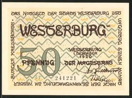 Notgeld Westerburg 1920, 50 Pfennig, Stadtwappen und Irmtrautsches Vasallenhaus