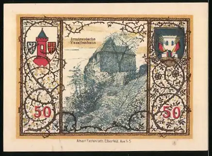 Notgeld Westerburg 1920, 50 Pfennig, Stadtwappen und Irmtrautsches Vasallenhaus