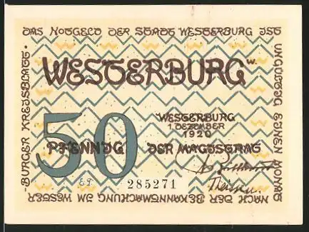 Notgeld Westerburg 1920, 50 Pfennig, Stadtwappen und Hallenkirche