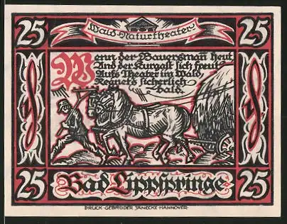 Notgeld Bad Lippspringe 1921, 25 Pfennig, Stadtwappen, Bauer mit Pferdefuhrwerk
