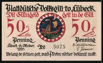 Notgeld Lübeck 1921, 50 Pfennig, Stadtwappen, Marktfrau mit Fischen
