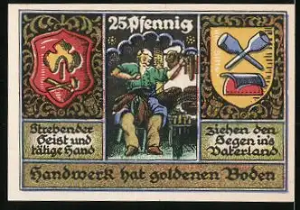 Notgeld Stolzenau an der Weser 1921, 25 Pfennig, Schneider bei der Arbeit und Gildewappen