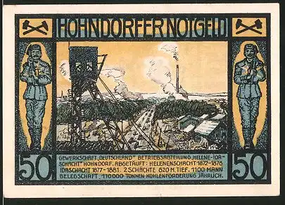 Notgeld Hohndorf 1921, 50 Pfennig, Bergmann mit Spitzhacke, Helenenschacht