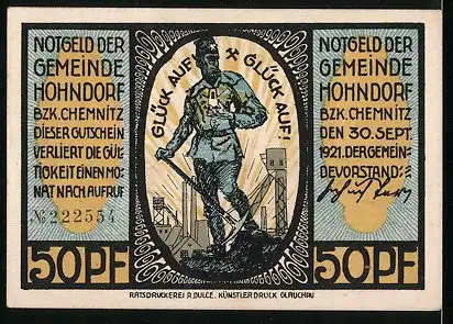 Notgeld Hohndorf 1921, 50 Pfennig, Bergmann mit Spitzhacke, Helenenschacht